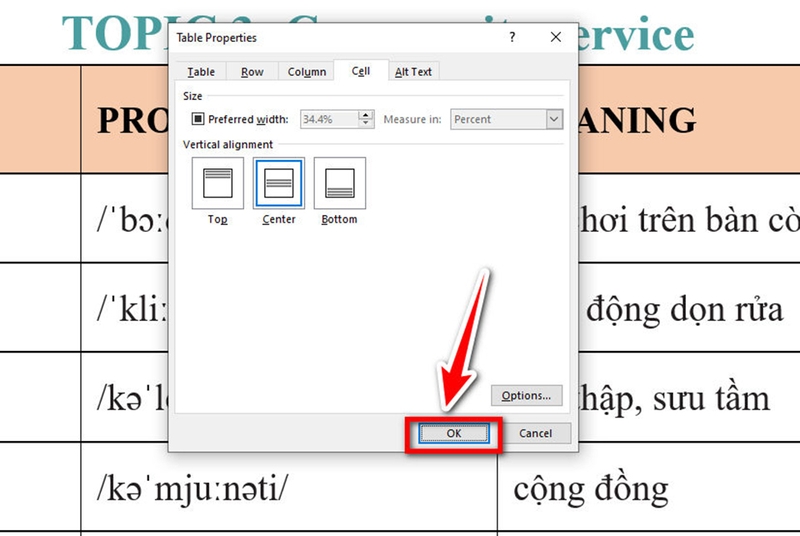 Các cách căn giữa ô trong bảng trên Word 